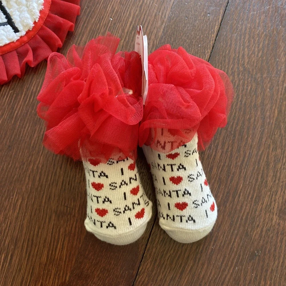 Mud Pie I ❤️ Santa Red And White Plush And Tulle Bib And Socks‎ NEW With Tags
